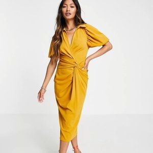 NWT ASOS Midi Knot Detail Wrap Midi Mustard Dress US Size 6 Medium